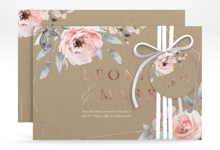 Save the Date-Karte Perfection A6 Karte quer Kraftpapier rosegold mit rosa Rosen