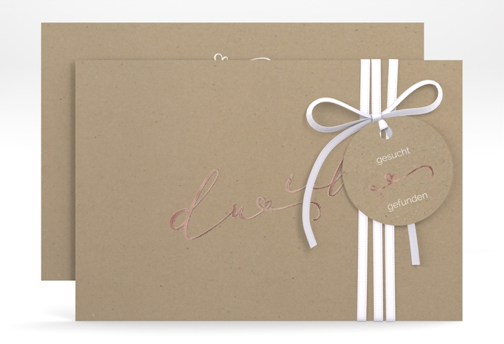 Save the Date-Karte Zweisamkeit A6 Karte quer Kraftpapier rosegold im minimalistischen Stil mit Aufschrift du & ich