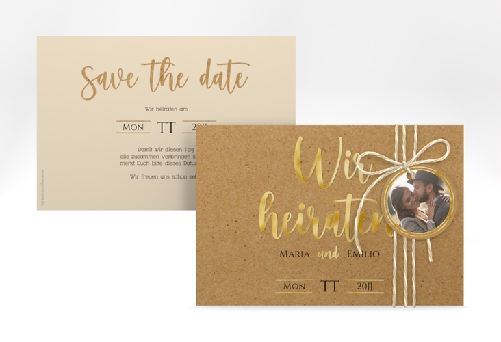 Save the Date-Karte Noble A6 Karte quer Kraftpapier gold mit elegantem Schriftzug