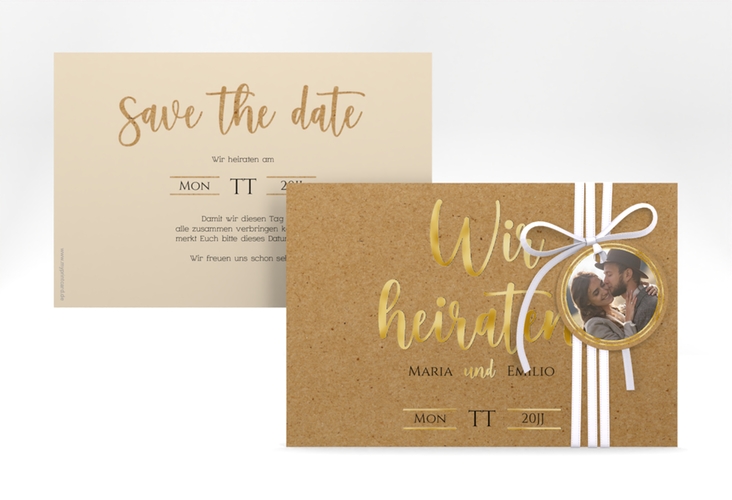 Save the Date-Karte Noble A6 Karte quer Kraftpapier gold mit elegantem Schriftzug