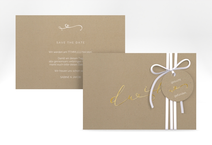 Save the Date-Karte Zweisamkeit A6 Karte quer Kraftpapier gold im minimalistischen Stil mit Aufschrift du & ich