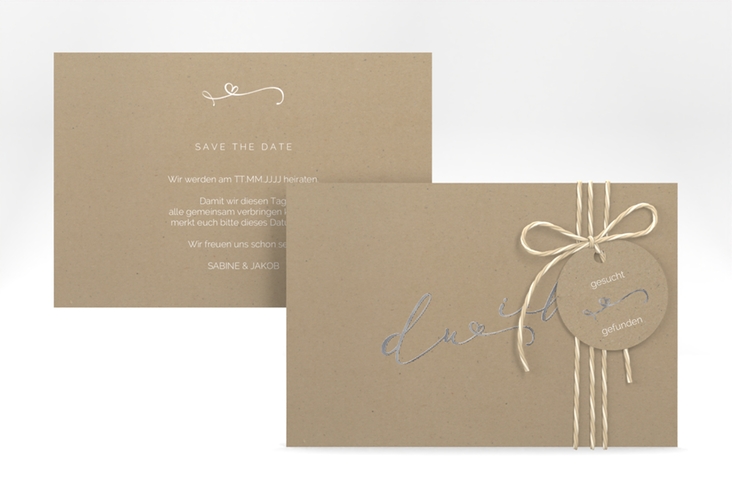 Save the Date-Karte Zweisamkeit A6 Karte quer Kraftpapier silber im minimalistischen Stil mit Aufschrift du & ich