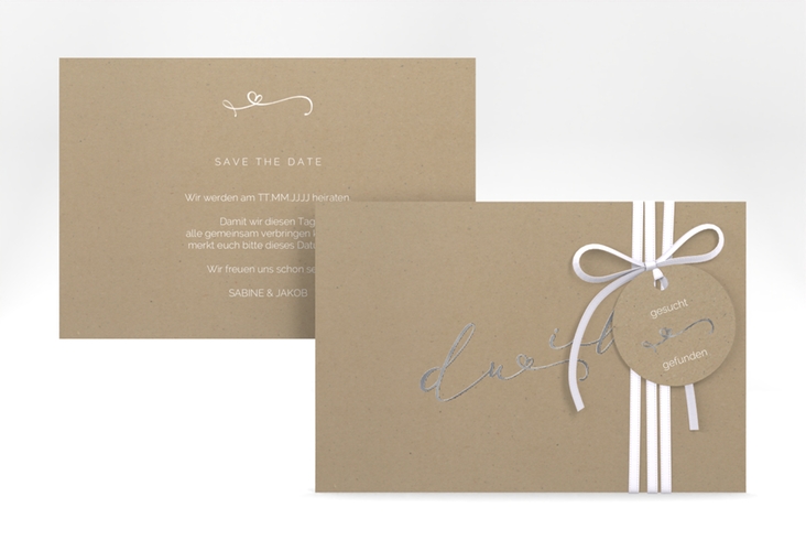 Save the Date-Karte Zweisamkeit A6 Karte quer Kraftpapier silber im minimalistischen Stil mit Aufschrift du & ich