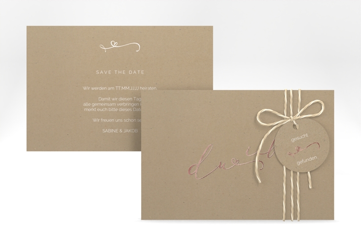 Save the Date-Karte Zweisamkeit A6 Karte quer Kraftpapier rosegold im minimalistischen Stil mit Aufschrift du & ich