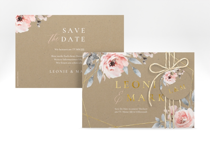 Save the Date-Karte Perfection A6 Karte quer Kraftpapier gold mit rosa Rosen