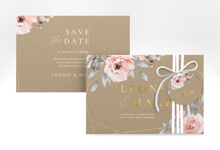 Save the Date-Karte Perfection A6 Karte quer Kraftpapier gold mit rosa Rosen