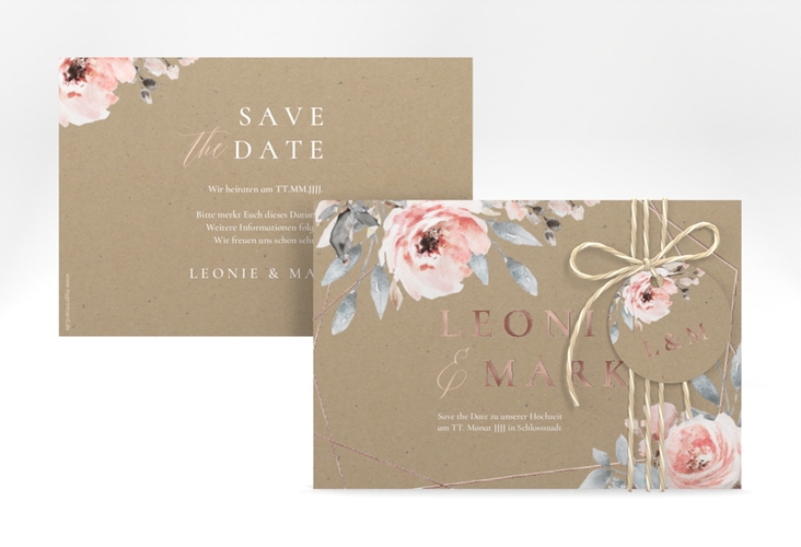Save the Date-Karte Perfection A6 Karte quer Kraftpapier rosegold mit rosa Rosen