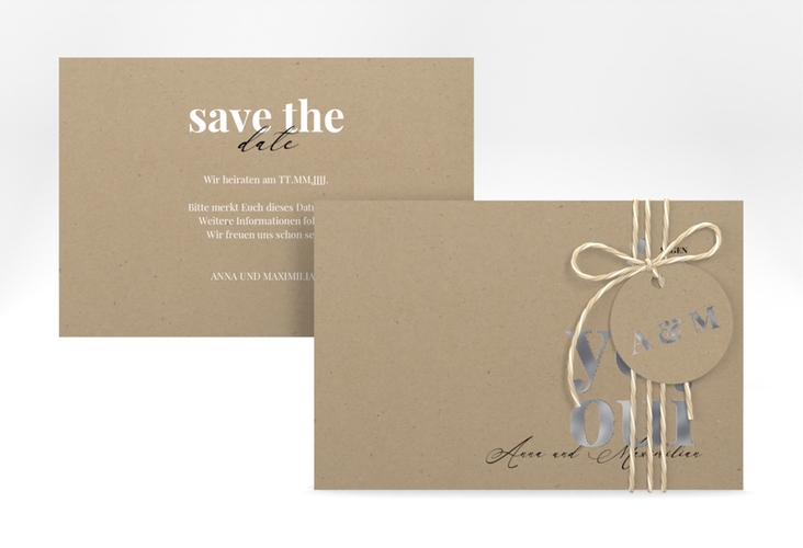 Save the Date-Karte Oui A6 Karte quer Kraftpapier silber mit Ja-Wort in verschiedenen Sprachen