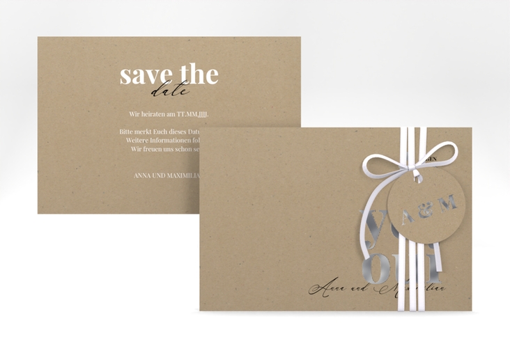 Save the Date-Karte Oui A6 Karte quer Kraftpapier silber mit Ja-Wort in verschiedenen Sprachen