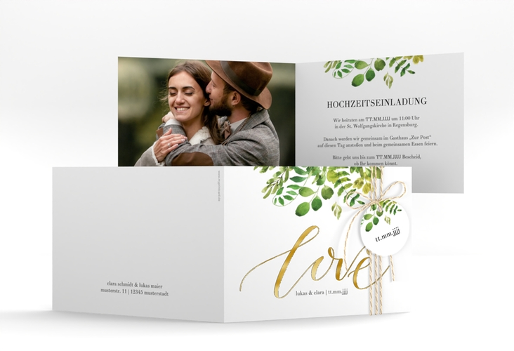Hochzeitseinladung Botany A6 Klappkarte quer weiss gold