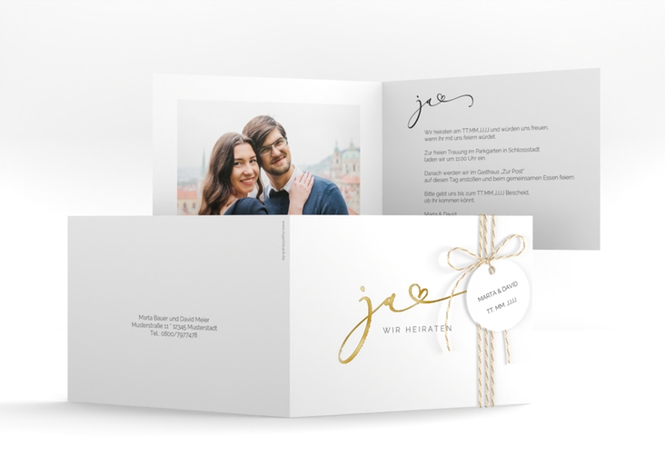Hochzeitseinladung Jawort A6 Klappkarte quer weiss gold modern minimalistisch mit veredelter Aufschrift