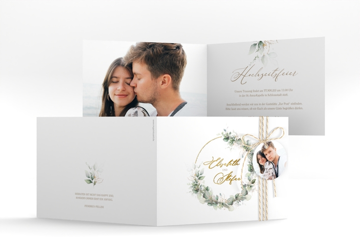 Hochzeitseinladung Selvatica A6 Klappkarte quer weiss gold mit Eukalyptus-Kranz