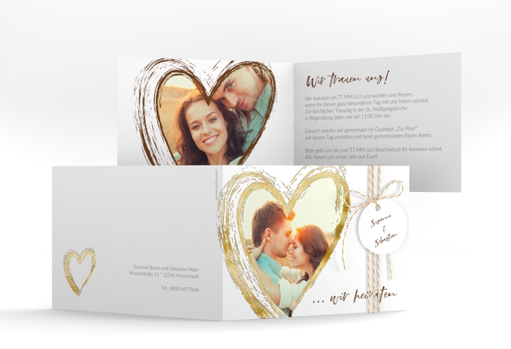 Hochzeitseinladung Liebe A6 Klappkarte quer braun gold