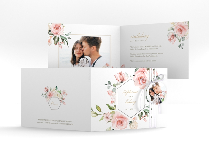 Einladung Hochzeit Graceful A6 Klappkarte quer weiss silber mit Rosenblüten in Rosa und Weiß