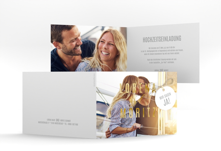 Hochzeitseinladung Memory A6 Klappkarte quer weiss gold