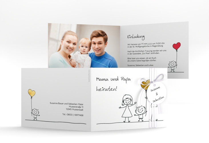 Hochzeitseinladung Family A6 Klappkarte quer weiss gold
