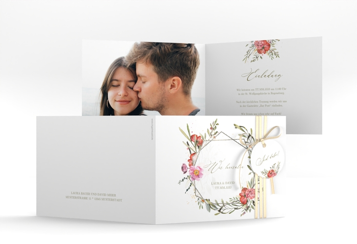 Hochzeitseinladung Sommergarten A6 Klappkarte quer weiss silber
