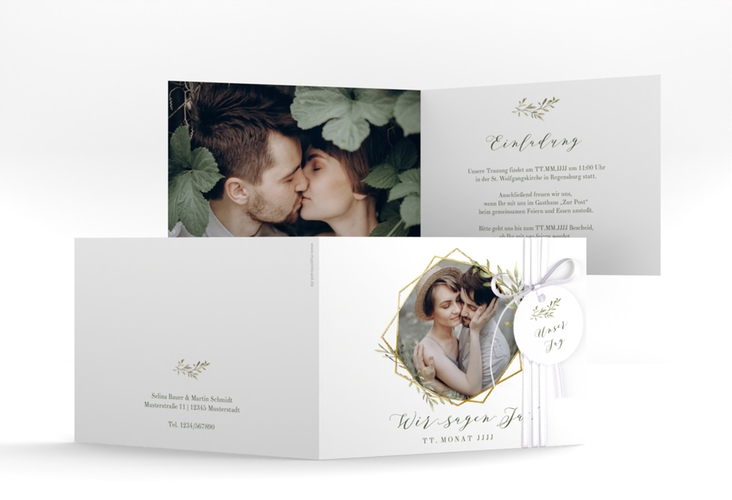 Hochzeitseinladung Acacia A6 Klappkarte quer weiss gold