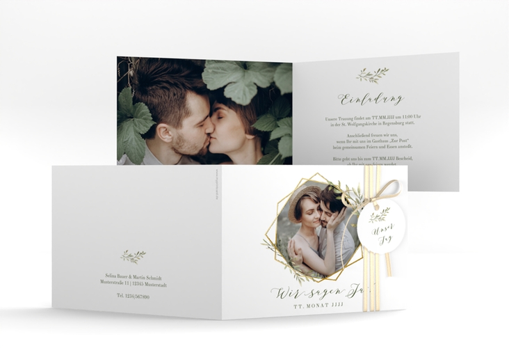 Hochzeitseinladung Acacia A6 Klappkarte quer weiss gold