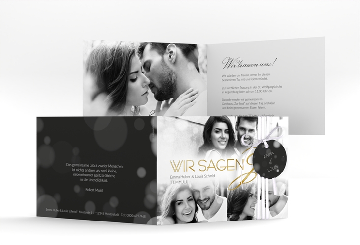 Hochzeitseinladung Bokeh A6 Klappkarte quer weiss gold