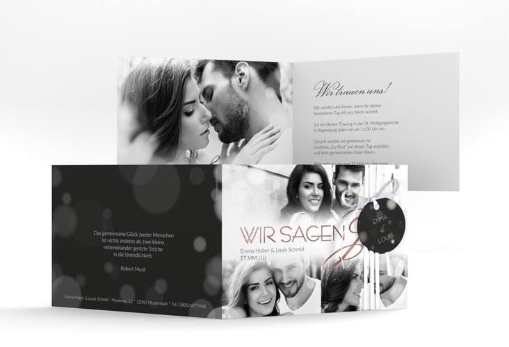 Hochzeitseinladung Bokeh A6 Klappkarte quer weiss rosegold