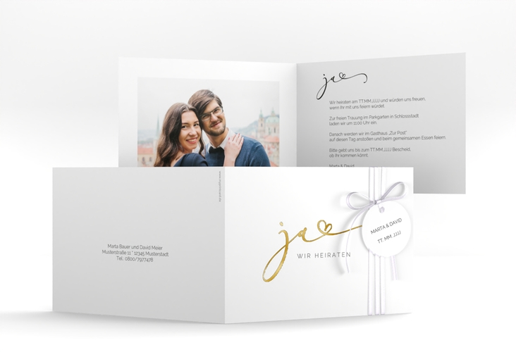Hochzeitseinladung Jawort A6 Klappkarte quer weiss gold modern minimalistisch mit veredelter Aufschrift