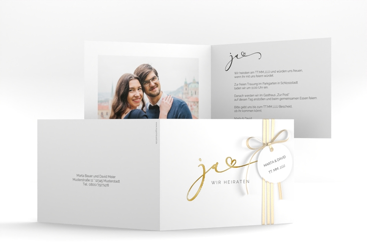 Hochzeitseinladung Jawort A6 Klappkarte quer weiss gold modern minimalistisch mit veredelter Aufschrift