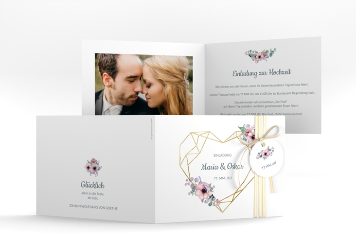 Hochzeitseinladung Herzgold A6 Klappkarte quer weiss gold