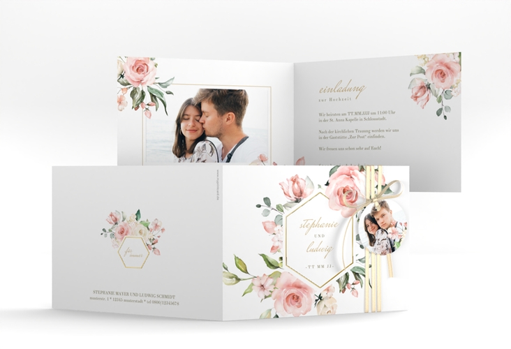Einladung Hochzeit Graceful A6 Klappkarte quer weiss gold mit Rosenblüten in Rosa und Weiß