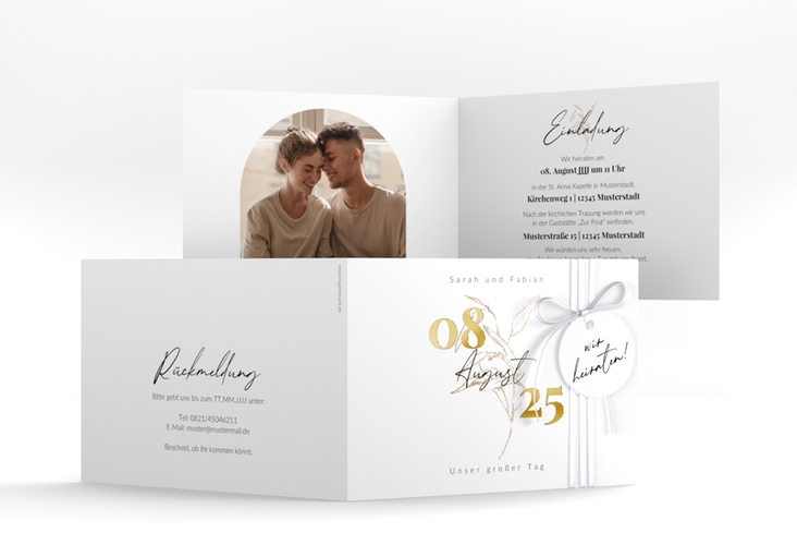 Hochzeitseinladung Seed A6 Klappkarte quer weiss gold