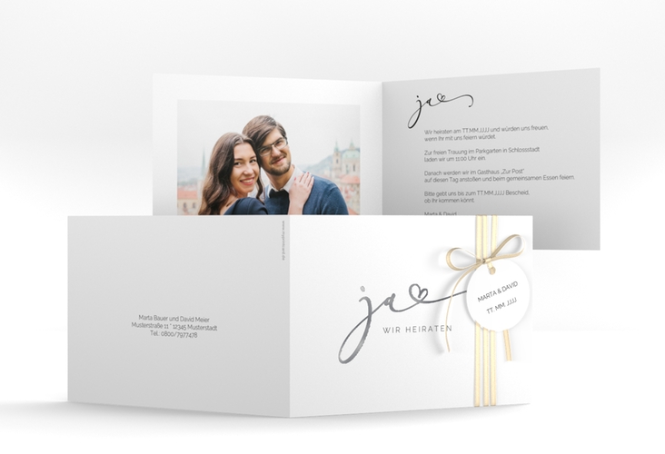 Hochzeitseinladung Jawort A6 Klappkarte quer weiss silber modern minimalistisch mit veredelter Aufschrift