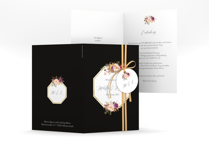 Einladungskarte Hochzeit Prachtvoll A6 Klappkarte hoch schwarz gold