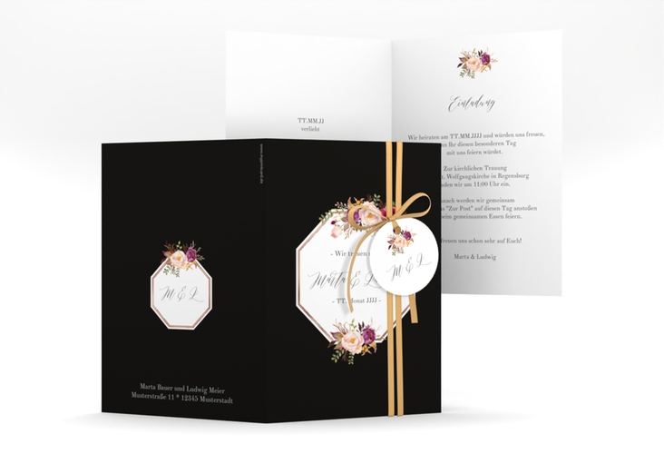 Einladungskarte Hochzeit Prachtvoll A6 Klappkarte hoch schwarz rosegold