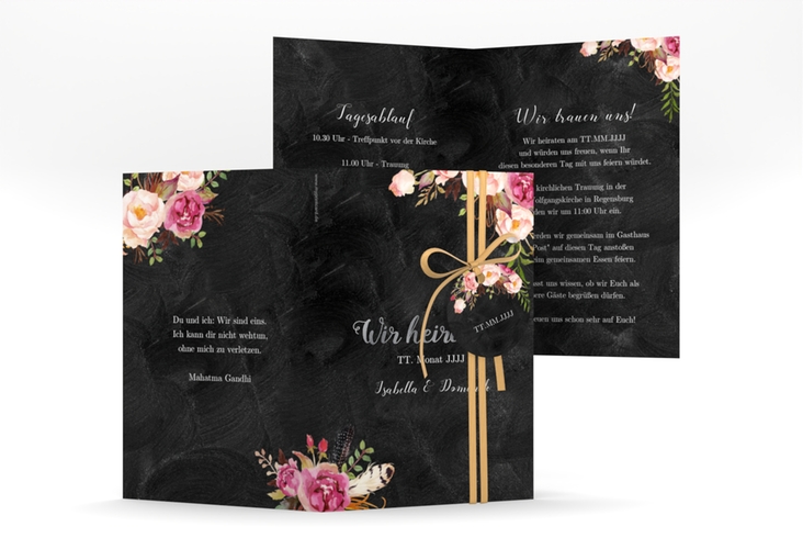 Einladungskarte Hochzeit Flowers A6 Klappkarte hoch schwarz silber mit bunten Aquarell-Blumen