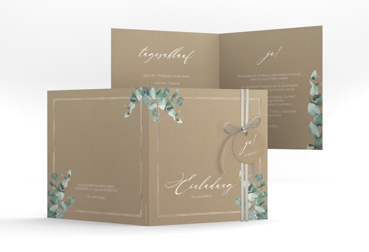 Hochzeitseinladung Eucalypt quadr. Klappkarte Kraftpapier rosegold mit Eukalyptus und edlem Rahmen