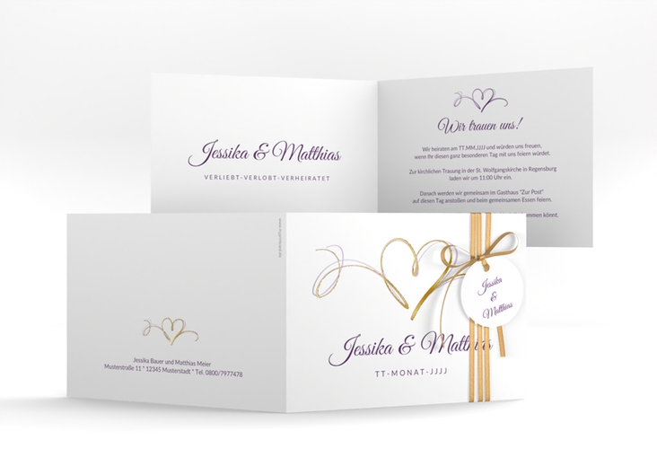 Hochzeitseinladung Envie A6 Klappkarte quer lila gold
