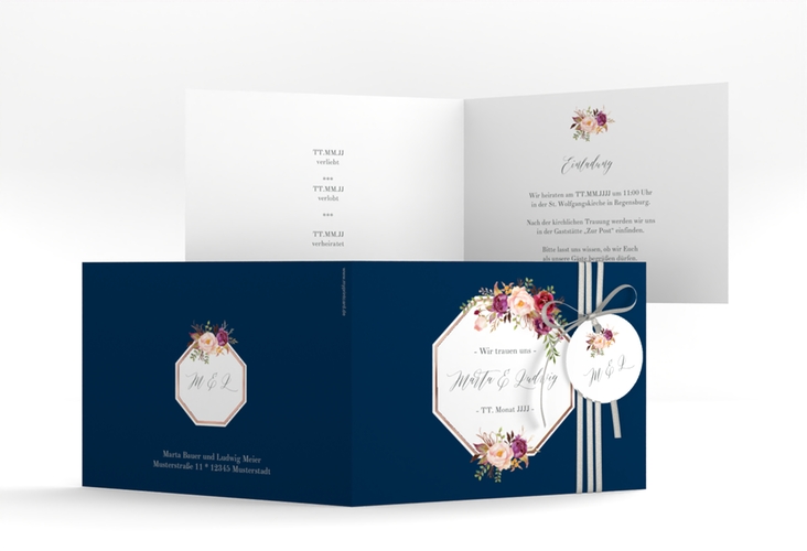 Hochzeitseinladung Prachtvoll A6 Klappkarte quer blau rosegold