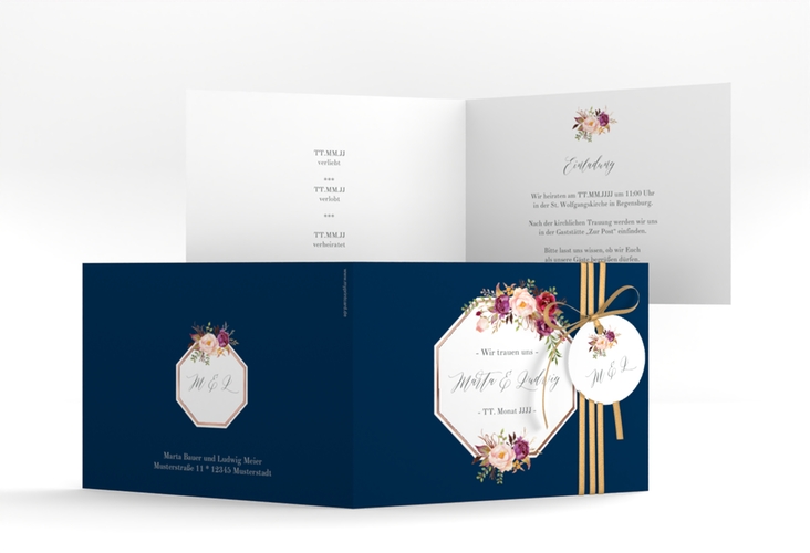 Hochzeitseinladung Prachtvoll A6 Klappkarte quer blau rosegold