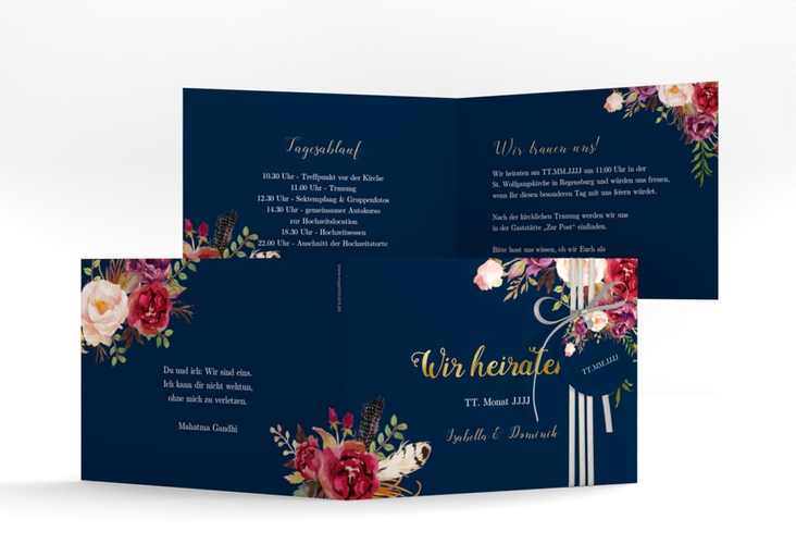 Hochzeitseinladung Flowers A6 Klappkarte quer blau gold mit bunten Aquarell-Blumen