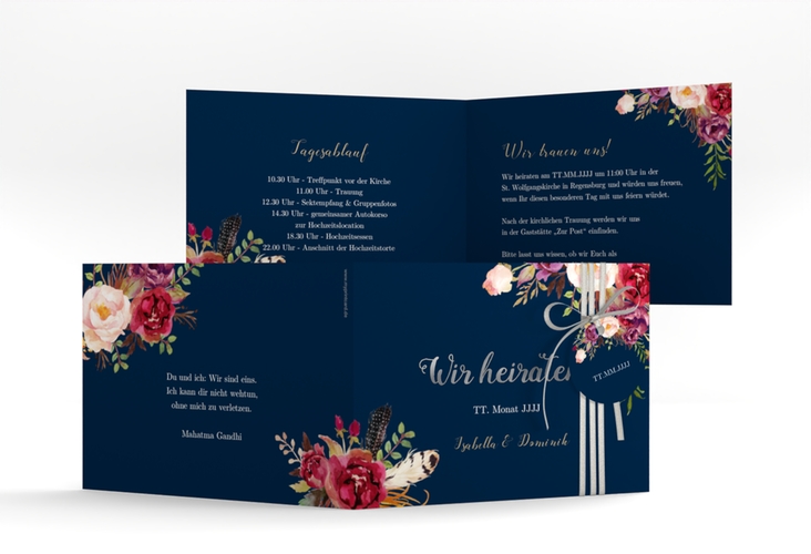 Hochzeitseinladung Flowers A6 Klappkarte quer blau silber mit bunten Aquarell-Blumen