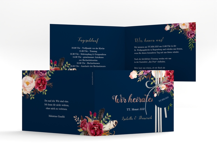 Hochzeitseinladung Flowers A6 Klappkarte quer blau rosegold mit bunten Aquarell-Blumen