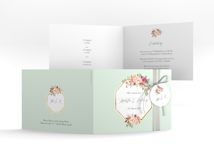 Hochzeitseinladung Prachtvoll A6 Klappkarte quer mint gold