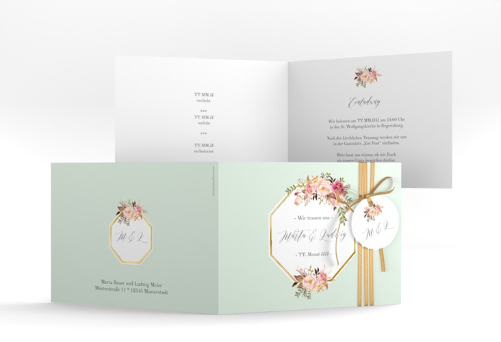 Hochzeitseinladung Prachtvoll A6 Klappkarte quer mint gold