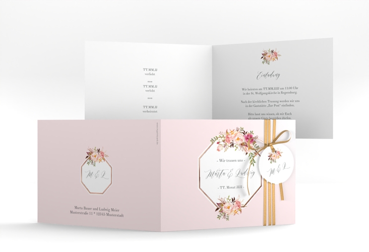 Hochzeitseinladung Prachtvoll A6 Klappkarte quer rosa rosegold