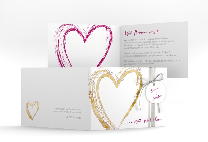Hochzeitseinladung Liebe A6 Klappkarte quer pink gold
