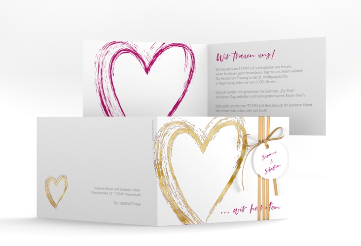 Hochzeitseinladung Liebe A6 Klappkarte quer pink gold