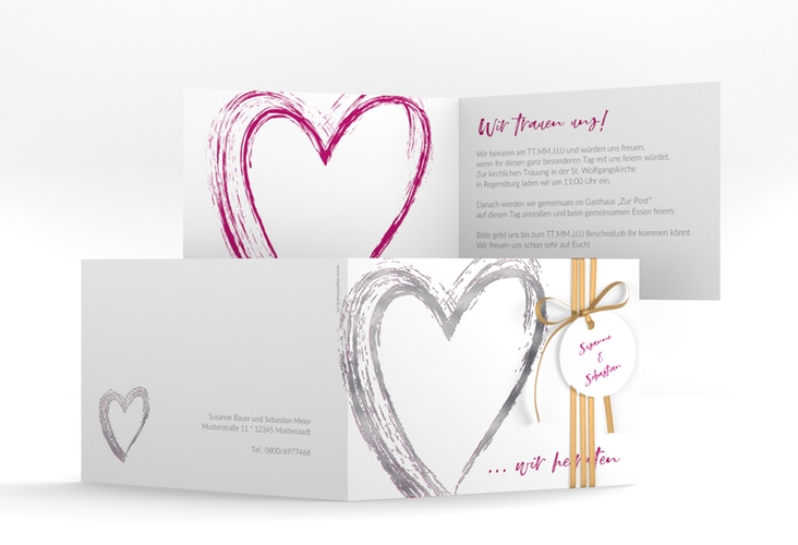 Hochzeitseinladung Liebe A6 Klappkarte quer pink silber