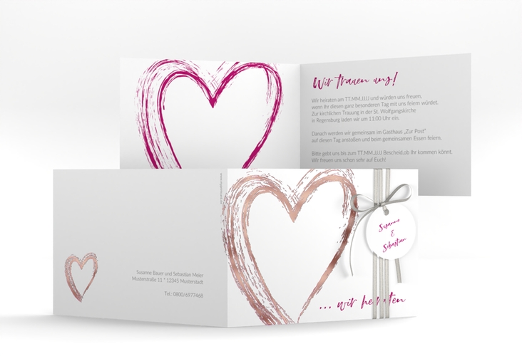 Hochzeitseinladung Liebe A6 Klappkarte quer pink rosegold