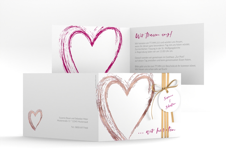 Hochzeitseinladung Liebe A6 Klappkarte quer pink rosegold