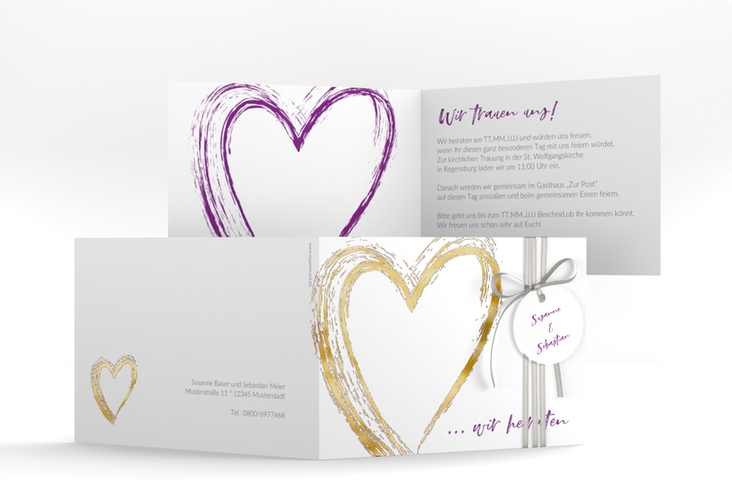 Hochzeitseinladung Liebe A6 Klappkarte quer lila gold